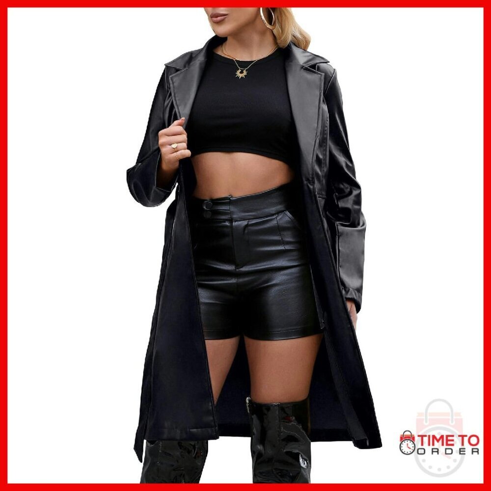 Faux Leather Trench Coat Motorcycle Jacket with Belt Knee Length